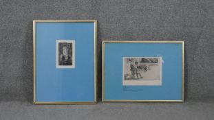 Two framed and glazed signed etchings. August Auglay (1853 - 1925) An etching surrealist cartoon