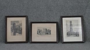 Three framed and glazed engravings of various places of interest, indistinctly signed. H.35 W.28CM