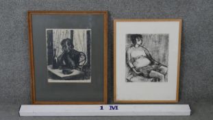 Two framed and glazed black and white lithographs of figures. One signed Mary Kleinman, numbered 1/