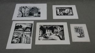 Jane Tuely- Five unframed woodcuts. Four architectural studies and one of a tree, signed by