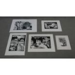 Jane Tuely- Five unframed woodcuts. Four architectural studies and one of a tree, signed by