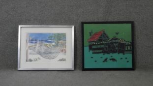 Two framed and glazed prints. One batik painting of a village with figures. The other of a beach