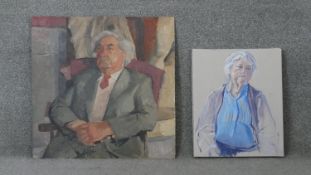 An oil on board, portrait of a seated gentleman, unsigned and an oil on canvas, female portrait. H.