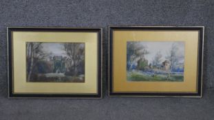 Two framed and glazed watercolours of countryside landscapes, one indistinctly signed. H.39 W.30 cm