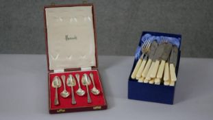 A leather cased set of six silver plated Harrods grapefruit spoons along with a twelve person silver