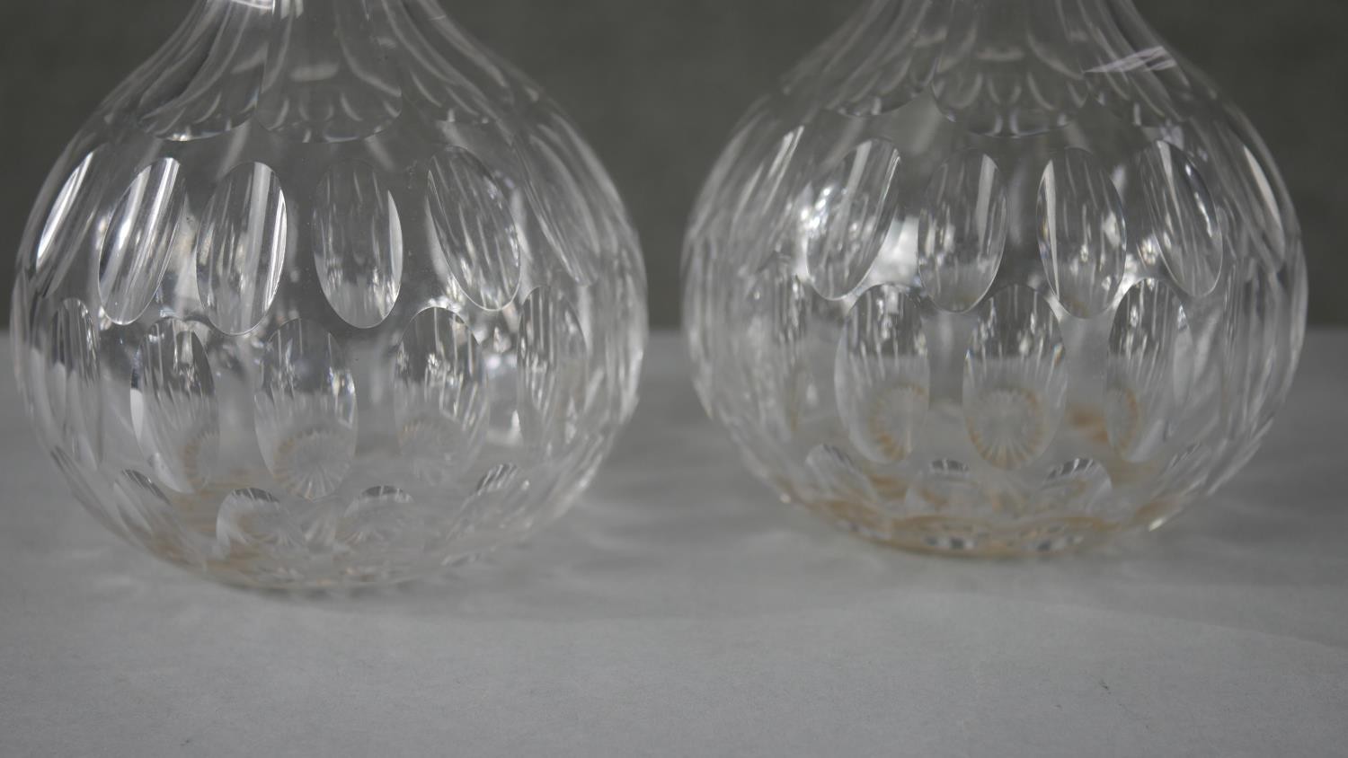 Four 19th century petal cut crystal decanters with stoppers. (two original) H.22 W.12cm (largest) - Image 4 of 6