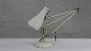 A vintage Herbert Terry anglepoise grey enamel on metal table lamp, makers stamp. (damaged) H.77 W.