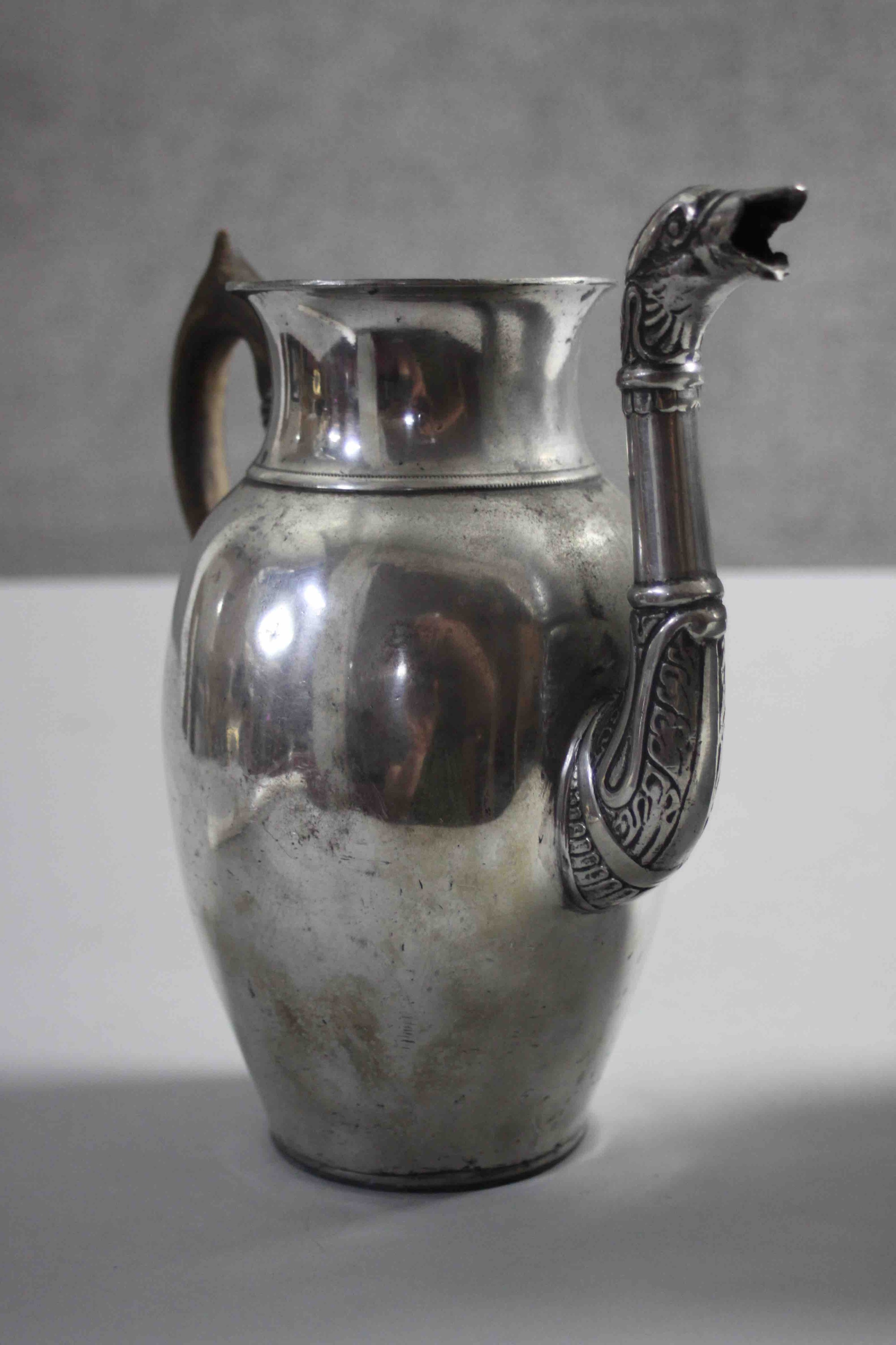 A large 18th century style lidded pewter tankard with rams head detailing along with a silver plated - Image 7 of 11