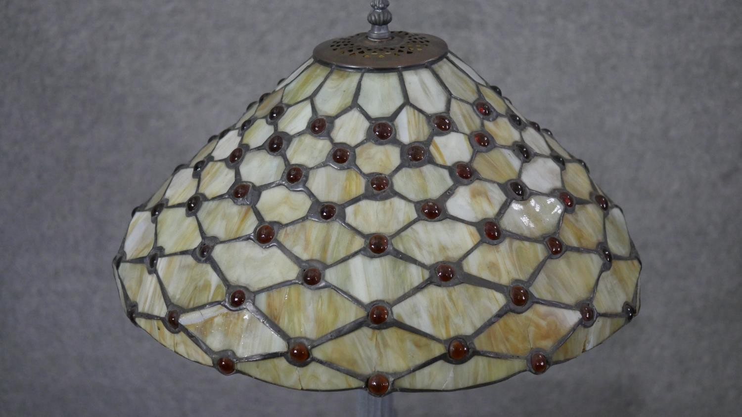 A vintage Tiffany style leaded stained glass table lamp with pewter waterlily design base. H.57 - Image 3 of 6