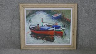 John Gilroy (1898 - 1985) A framed oil on board, rowing boats on the river, signed verso. H.50 W.