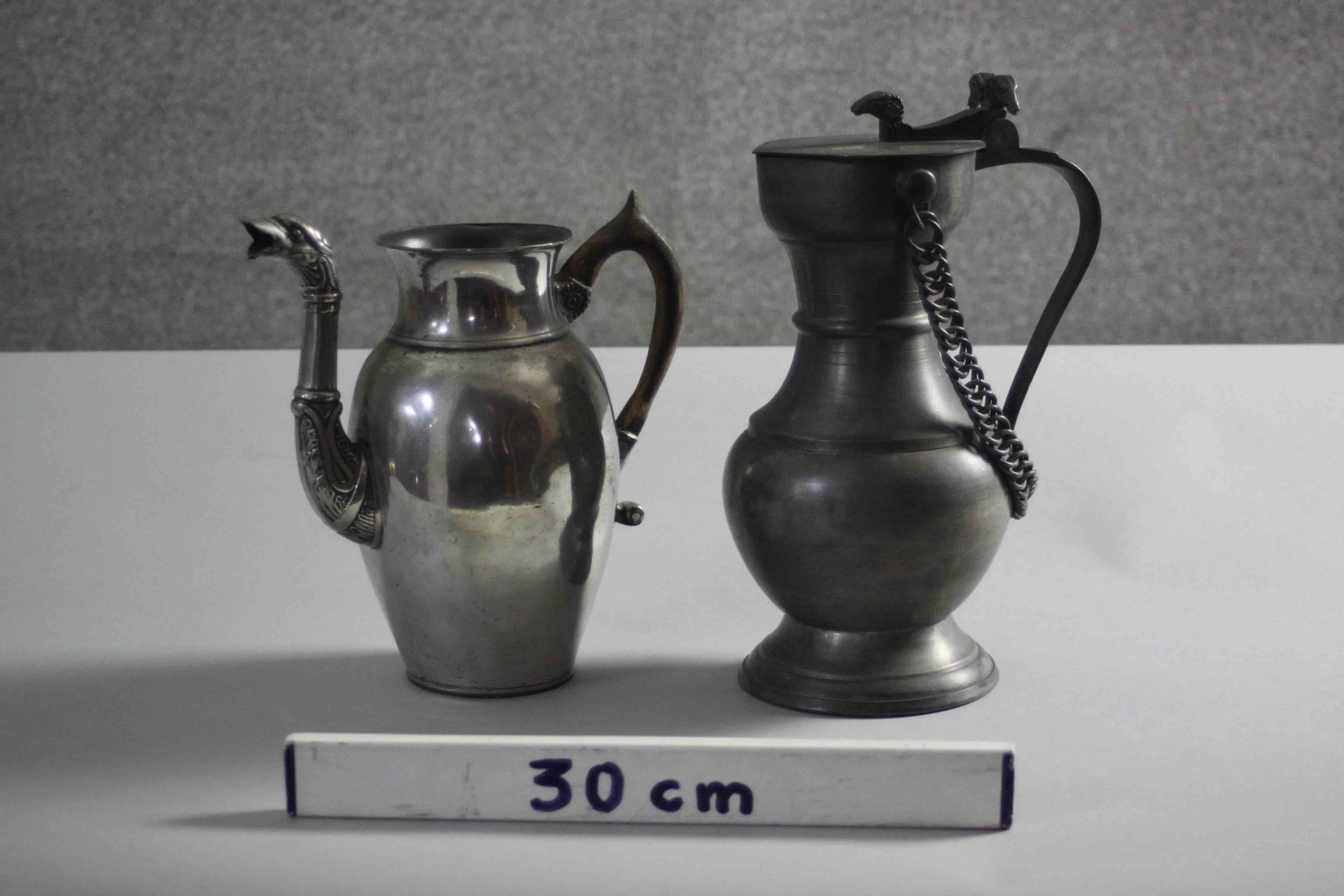 A large 18th century style lidded pewter tankard with rams head detailing along with a silver plated - Image 2 of 11