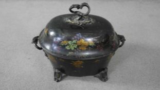 A mid 19th century English 'tole peinte' Japanned fireside coal box with hand painted and gilded