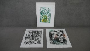 Jane Tuely- Three unframed woodcuts. One of a vase of flowers, a back garden and picnic blanket with