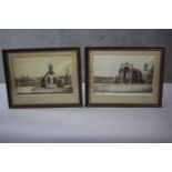 Two framed and glazed early 20th century signed etchings of churches. Each numbered and indistinctly