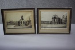 Two framed and glazed early 20th century signed etchings of churches. Each numbered and indistinctly