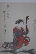 Suzuki Harunobu (1725-1770) A 19th century unframed Japanese woodblock print of a lady fixing a