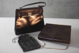 Three vintage leather ladies evening bags, two with chain straps. H.37.W.29.D.9cm (Largest)