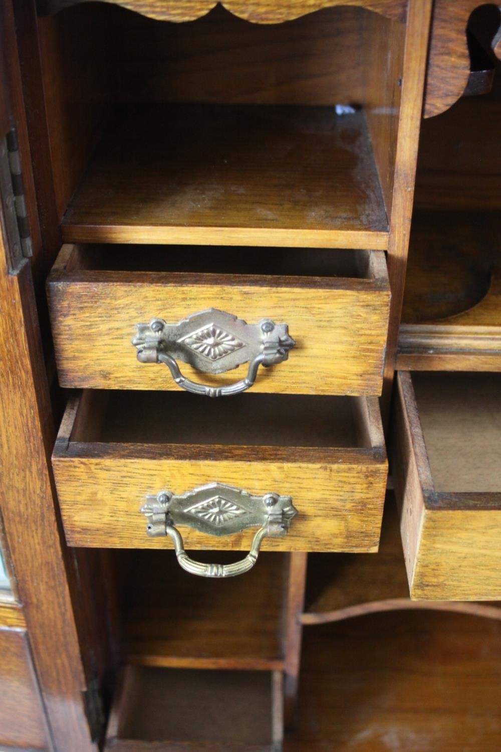 A 19th century oak table cabinet with glazed doors enclosing fitted interior on shaped bracket feet. - Image 7 of 8