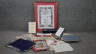 A large collection of royal memorabilia. Including a framed ceremonial menu from the Guildhall