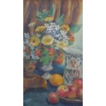 A gilt framed oil on canvas still life of flowers in a jug and fruit, signed Judith Terry, 1968. H.