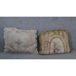 Two Abusson tapestry cushions. One with urn design and the other with a floral design. H.50 W.65 cm