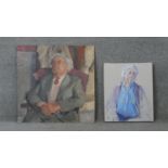 An oil on board, portrait of a seated gentleman, unsigned and an oil on canvas, female portrait. H.