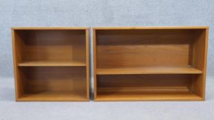 Two vintage teak open wall cabinets. H.56 W.84 D.25cm