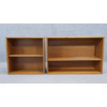 Two vintage teak open wall cabinets. H.56 W.84 D.25cm