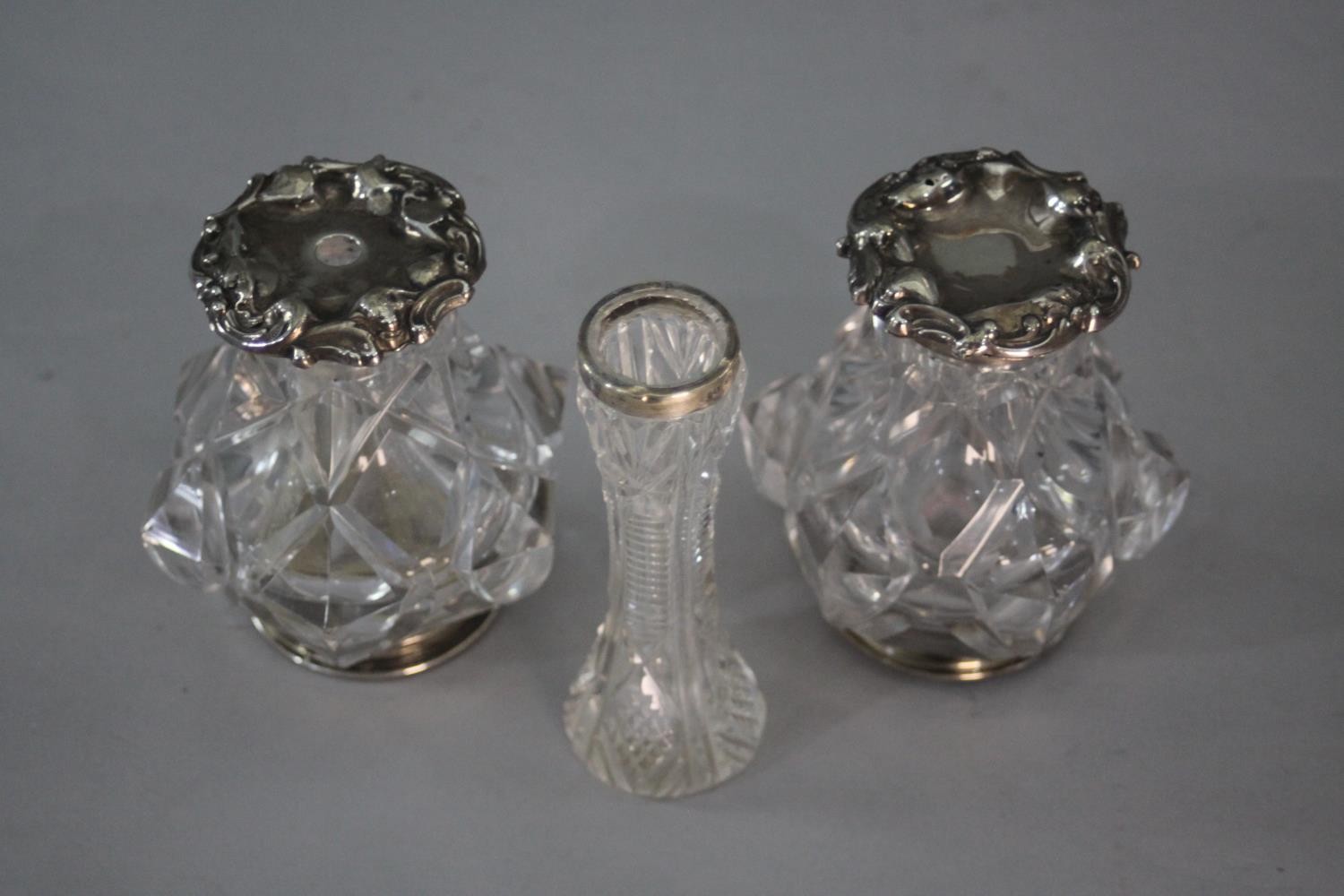 A 19th century cut glass and silver topped ink well and pounce pot with repousse detailing along - Image 3 of 12