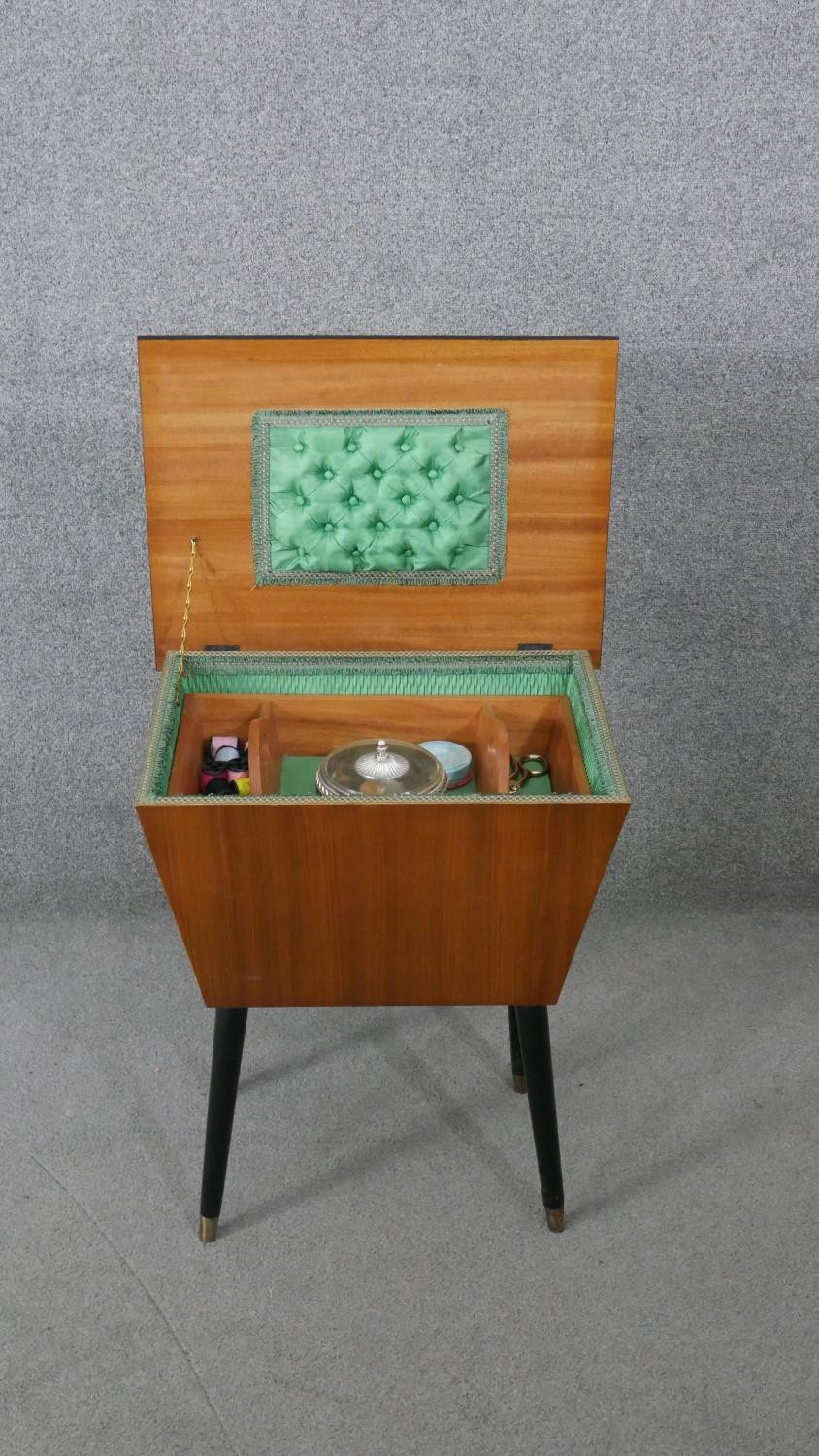 A 1960's vintage teak sewing table with lift out fitted interior and contents, with makers label, - Image 3 of 7