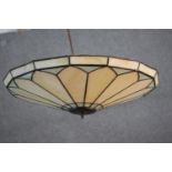 A vintage Tiffany style leaded stained glass fan design conical pendant uplighter with four bulb