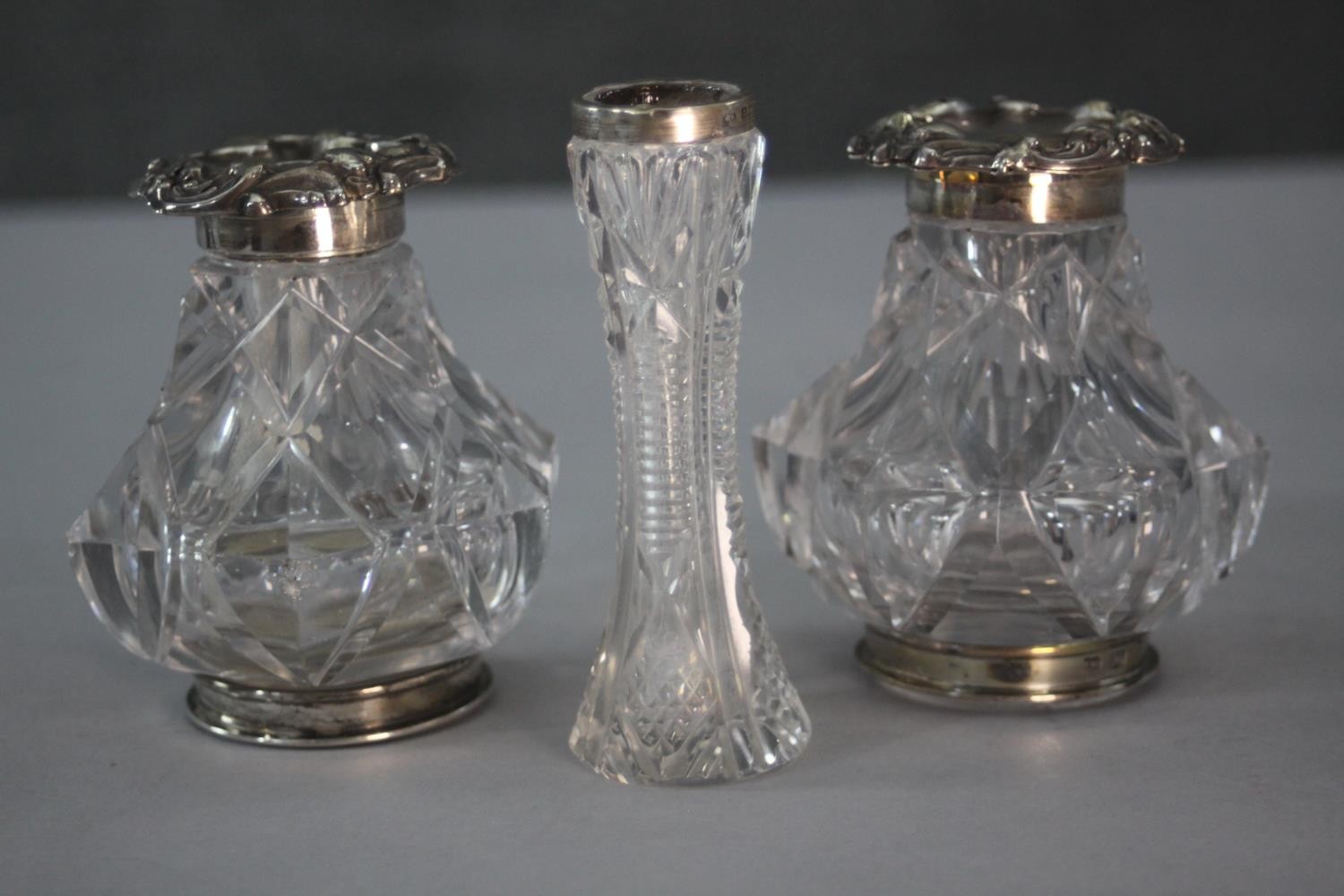 A 19th century cut glass and silver topped ink well and pounce pot with repousse detailing along - Image 4 of 12