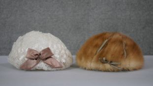 Two vintage dress hats, one mink fur with velvet ribbons and the other cream mesh fabric with pink