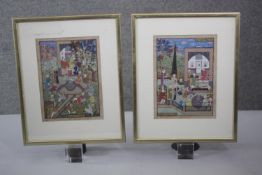 Two framed and glazed 20th century Indo-Persian Safavid style watercolour paintings depicting