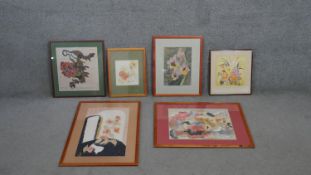 A collection of six framed and glazed silk paintings of floral studies. H.73 W.53 cm (largest)
