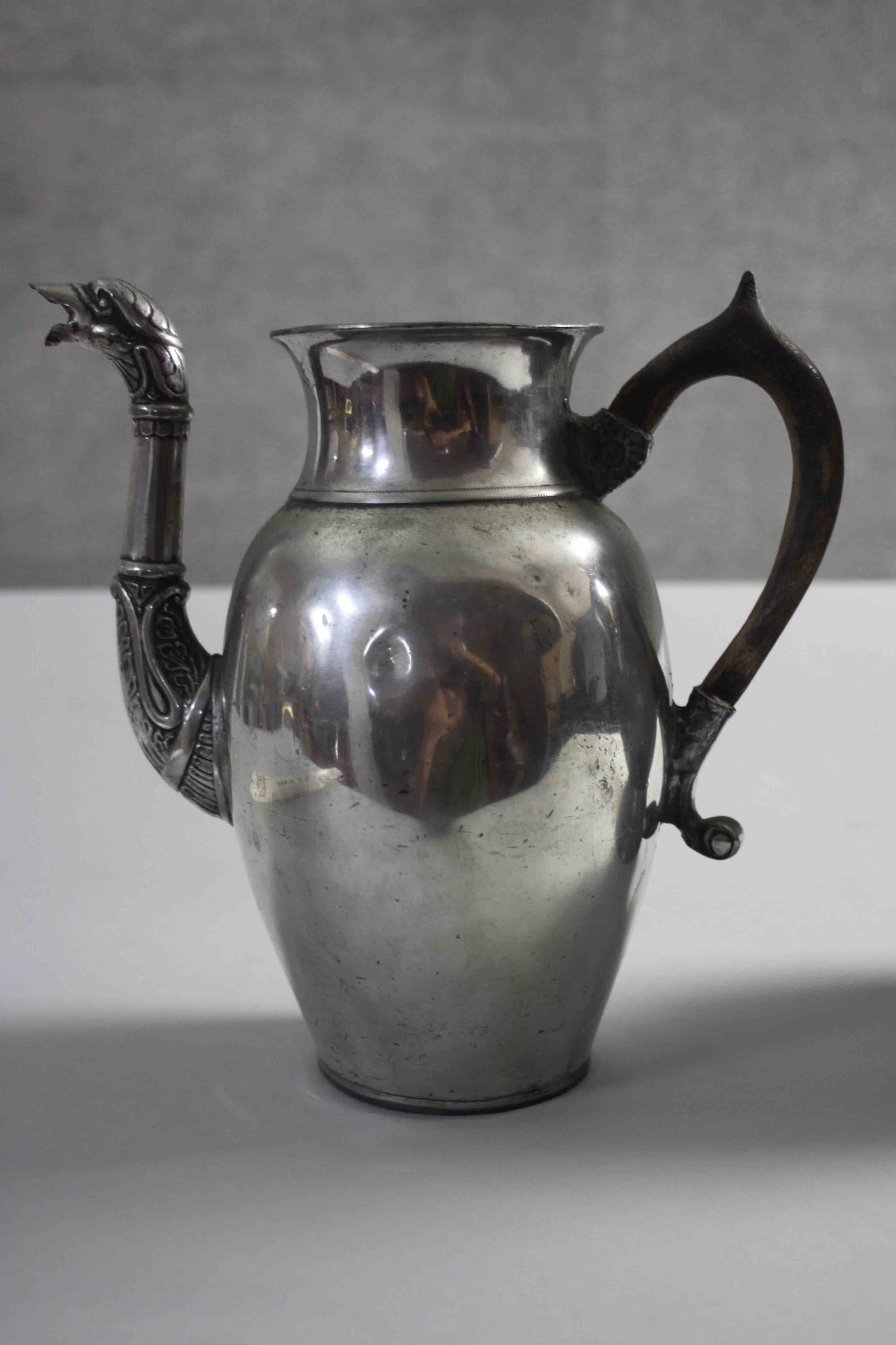 A large 18th century style lidded pewter tankard with rams head detailing along with a silver plated - Image 5 of 11