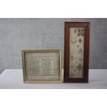 Two framed and glazed 18th century samplers. One with two religious verses by Eliz. Bignell, aged