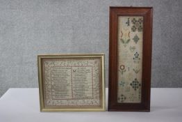 Two framed and glazed 18th century samplers. One with two religious verses by Eliz. Bignell, aged