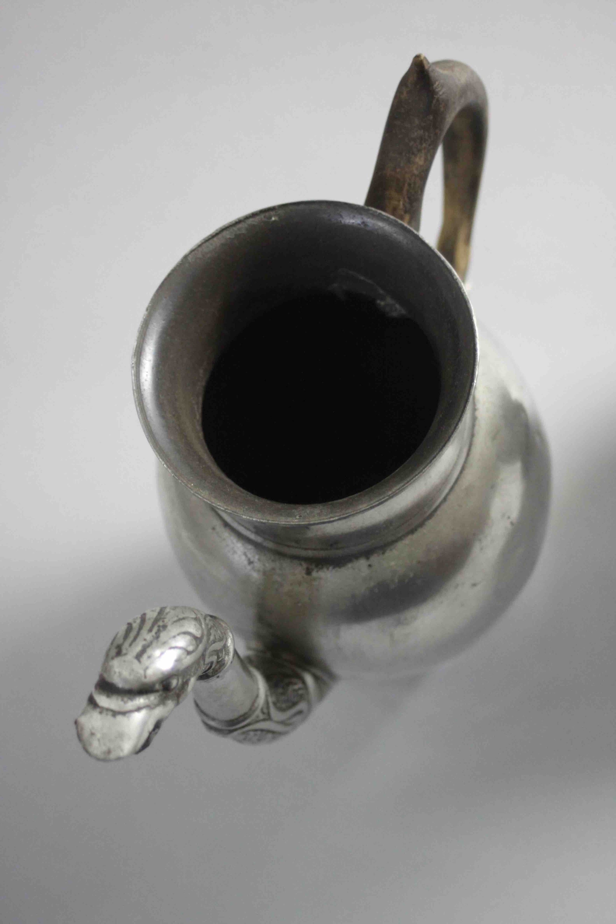 A large 18th century style lidded pewter tankard with rams head detailing along with a silver plated - Image 9 of 11