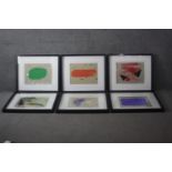 Six box framed and glazed signed mounted coloured lithographs of colourful abstract compositions.