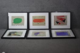Six box framed and glazed signed mounted coloured lithographs of colourful abstract compositions.