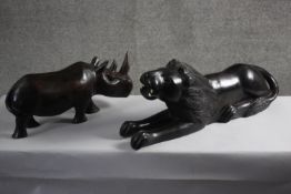 Two vintage Tasmanian craved dark hardwood animals with bone detailing. H.46 W.20 D.12 cm (largest)