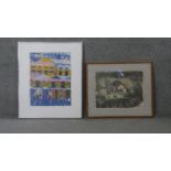 Two framed and glazed prints. One a woodcut of abstract buildings, unsigned the other a linocut of a