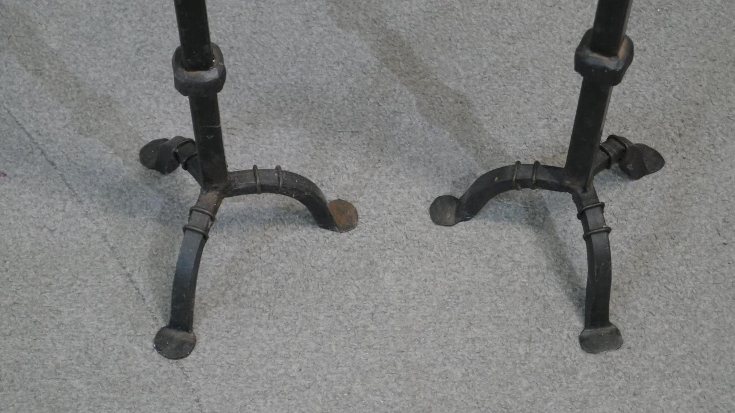 A pair of Gothic style cast iron tripod leg floor standing pricket candlesticks. H.91 W.21 cm - Image 3 of 4