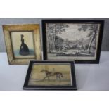 Two framed and glazed 19th century engravings along with a 19th century watercolour of a Victorian