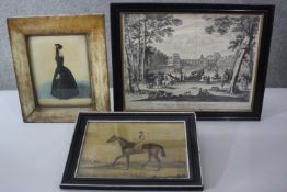 Two framed and glazed 19th century engravings along with a 19th century watercolour of a Victorian