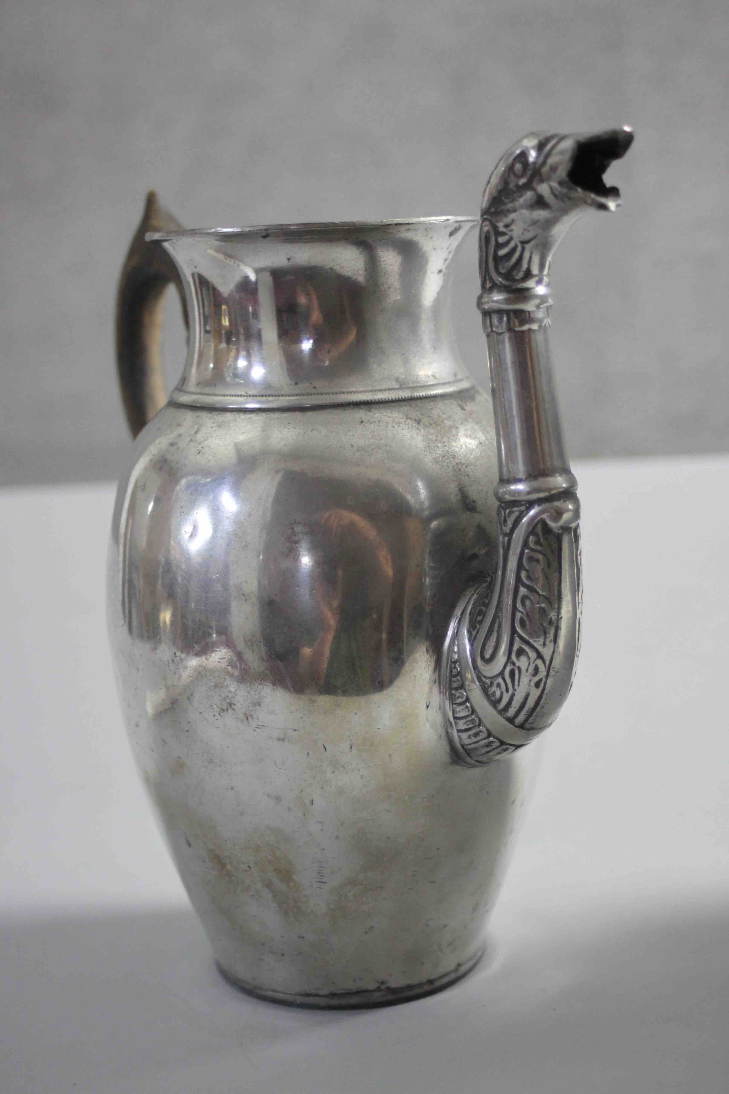 A large 18th century style lidded pewter tankard with rams head detailing along with a silver plated - Image 6 of 11