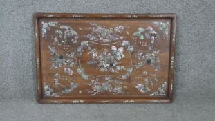 A late Qing period rectangular Chinese hardwood mother of pearl inlaid tray. Decorated with flowers,