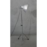 A vintage industrial brushed aluminium Photax reflector lamp on tripod base (rubber foot missing).