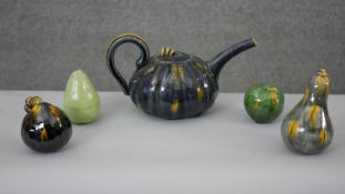 Kevin de Choisy (born 1954)- A studio pottery gourd teapot with four glazed ceramic gourds, three by